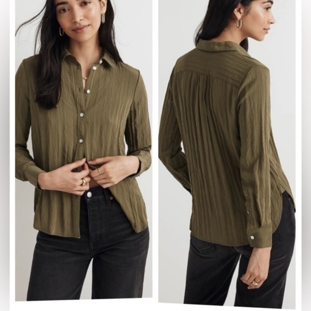 Madewell Olive Green Crinkled Button Up Shirt Medium